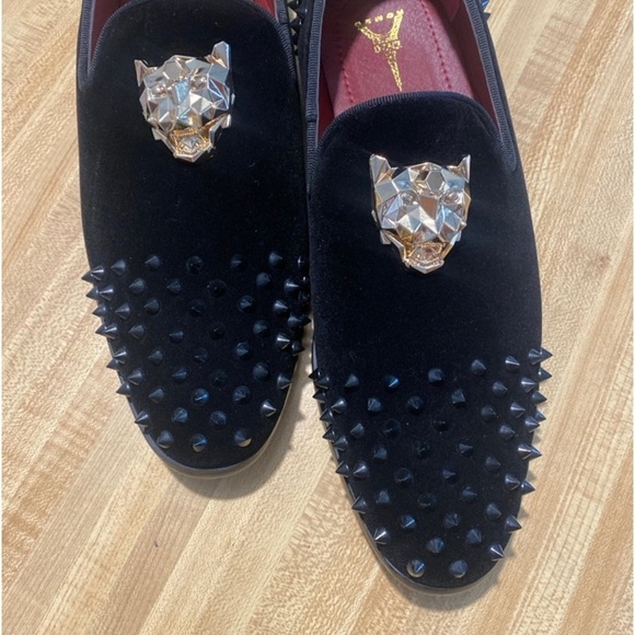 Men's Spikes Dress Shoes Black Velvet Loafers Gold Buckle Slip-On NWOT size 8.5 - Picture 7 of 12
